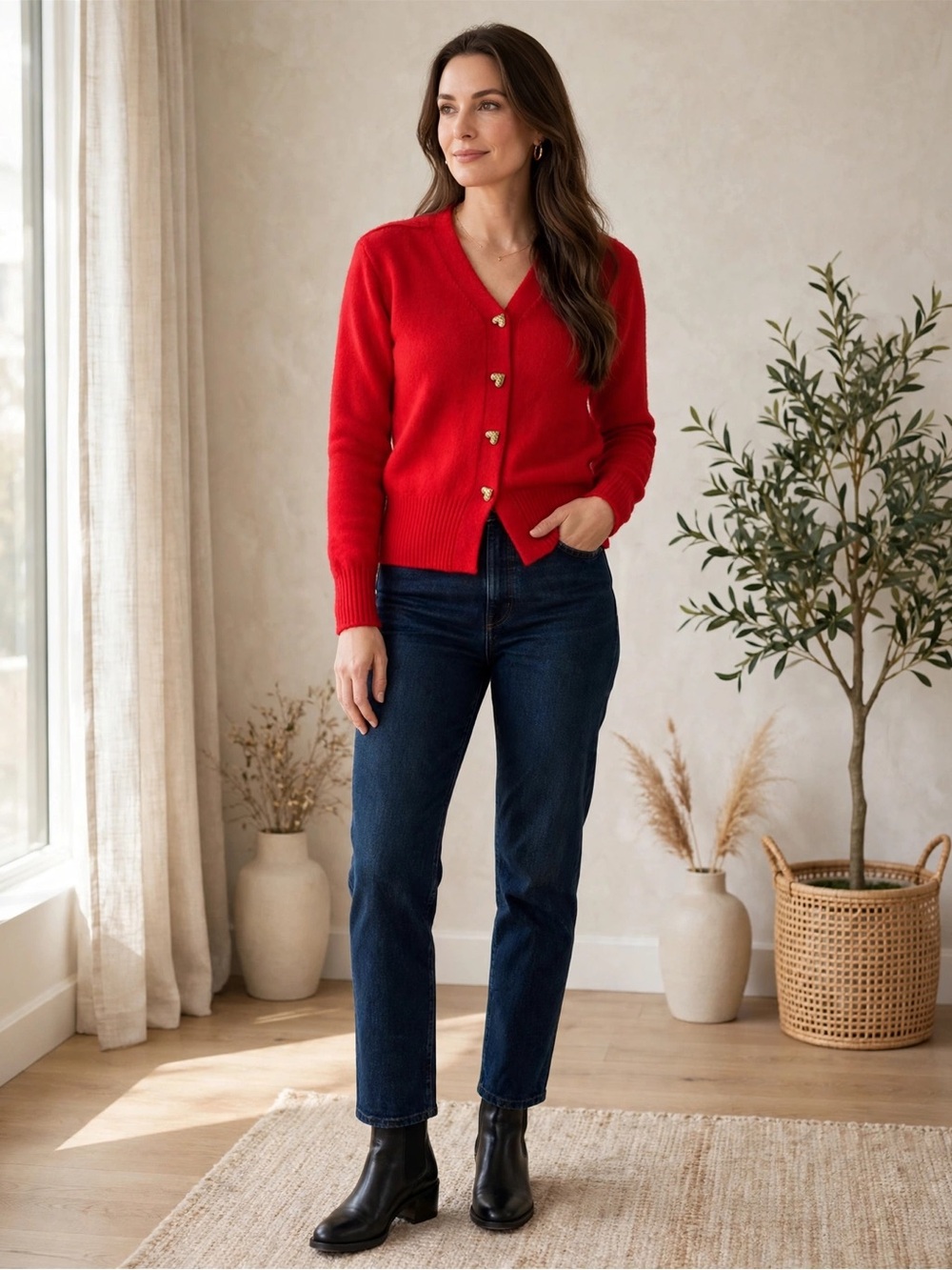 Red V-Neck Cardigan – Gold Heart Buttons – Unbranded